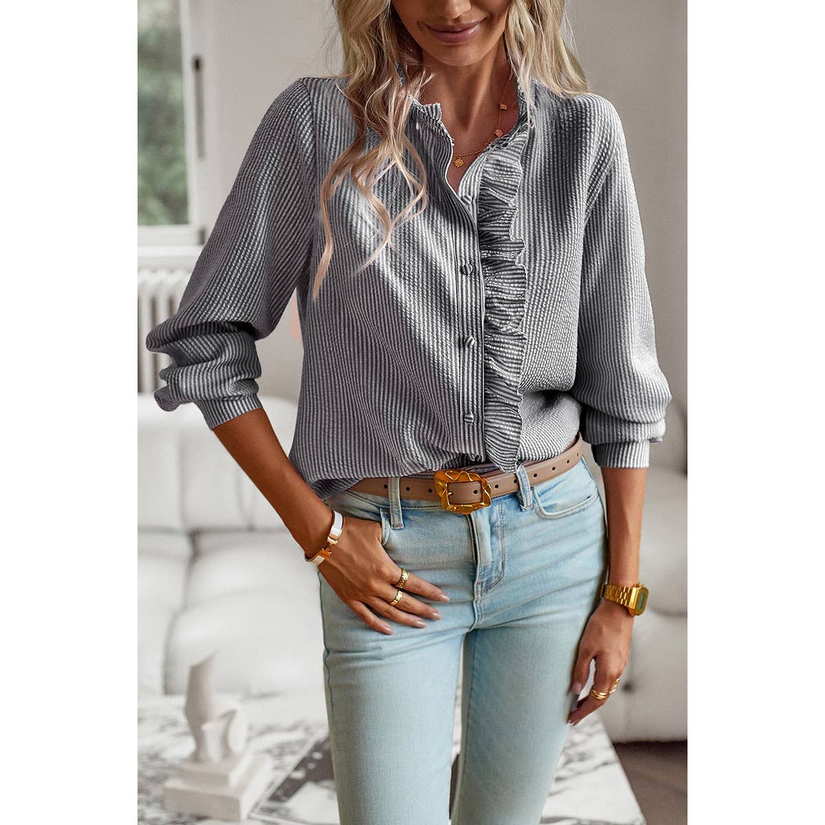 Collar Ruffle Trim Button Up Long Sleeve Blouse - BBHGWM