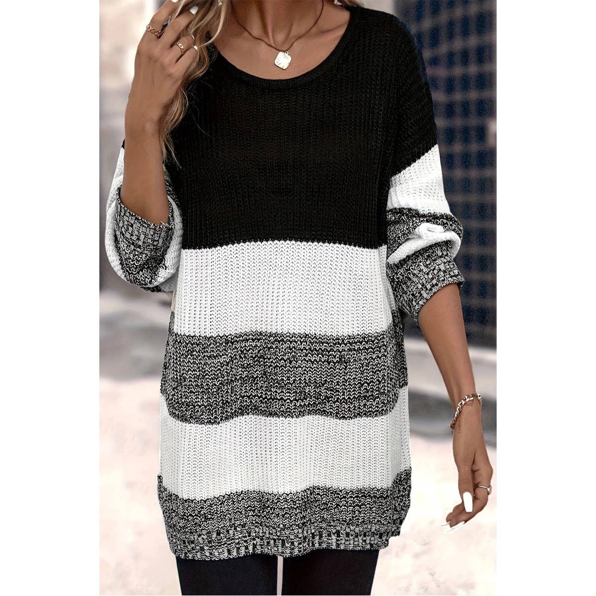 Knit Colorblock Cozy Long Sleeves Loose Sweater - BBHGWM