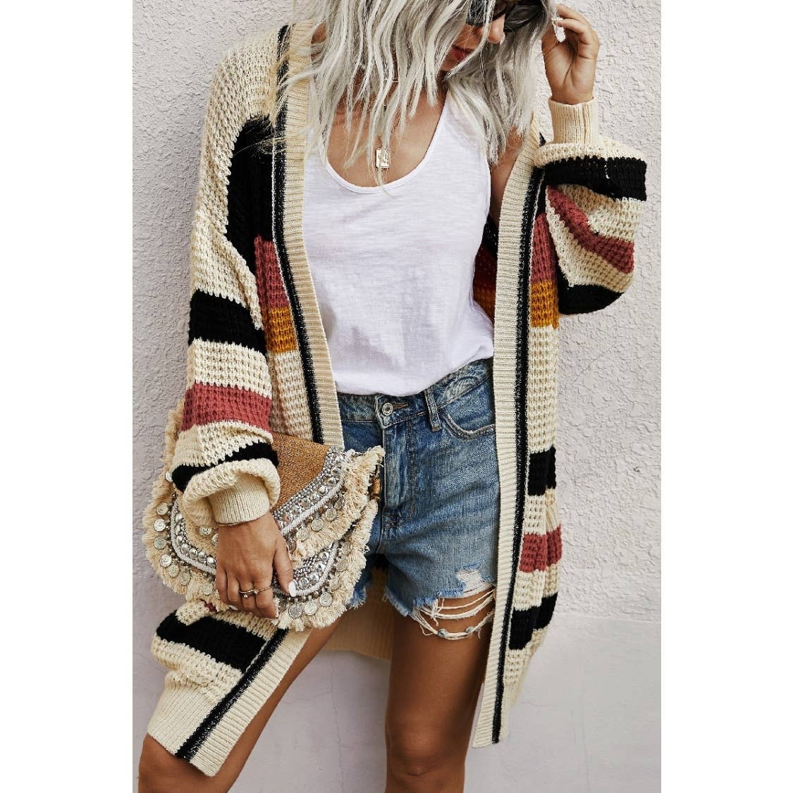 Knit Striped Color Block Jumper Long Sleeve Cardigan - BBHGWM