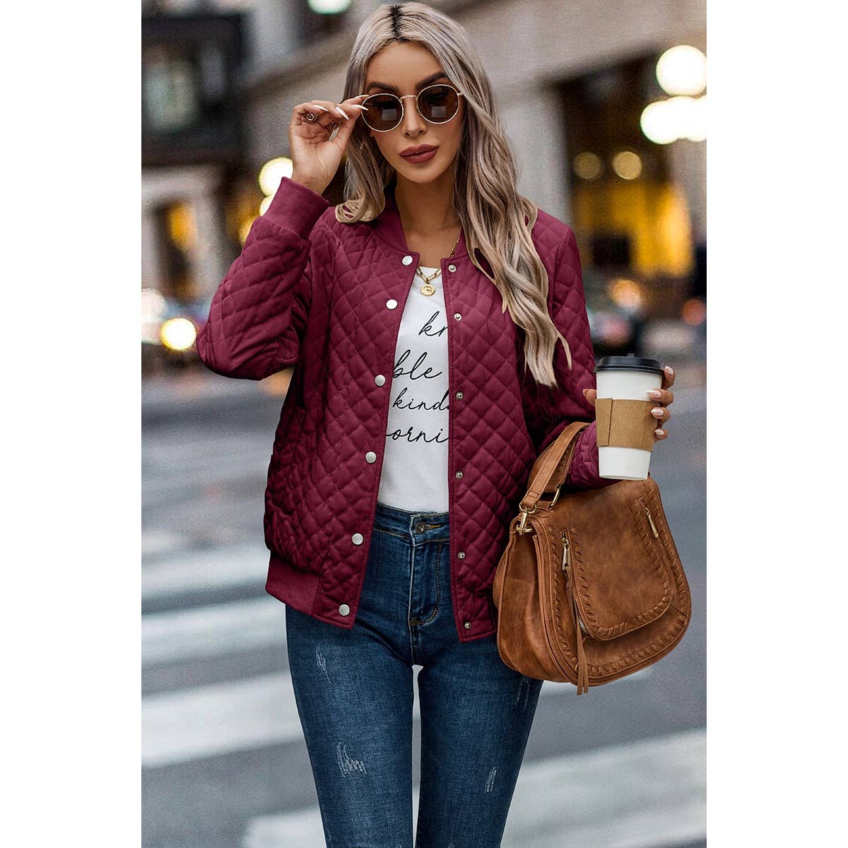 Solid Plaid Stitch Pockets Bomber Jacket - BBHGWM