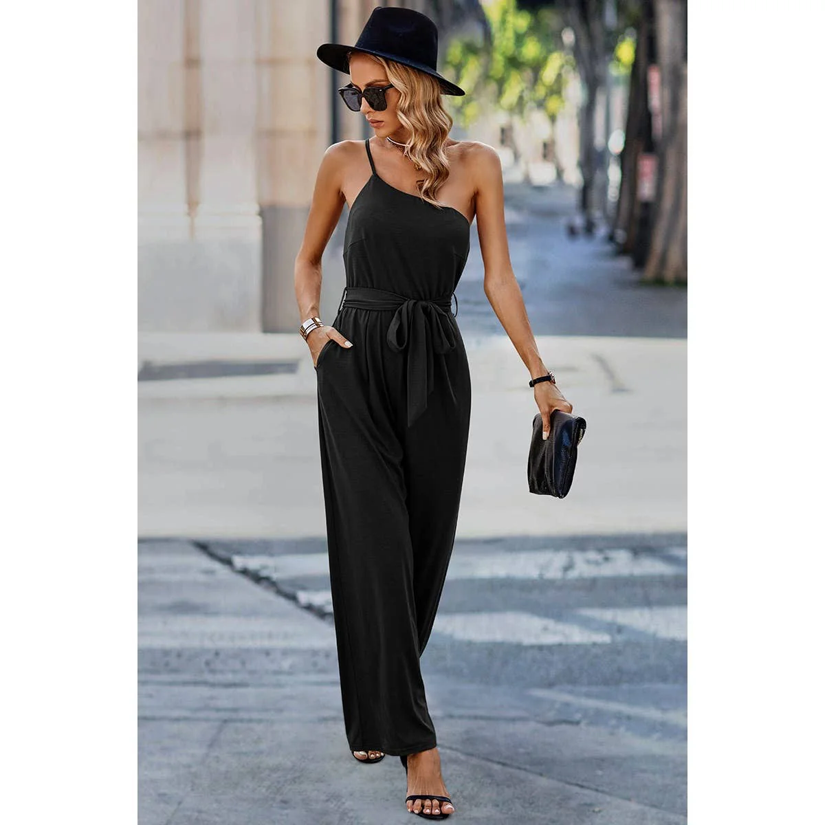 Wide Leg Sleeveless One Shoulder Belt Jumpsuit - BBHGWM