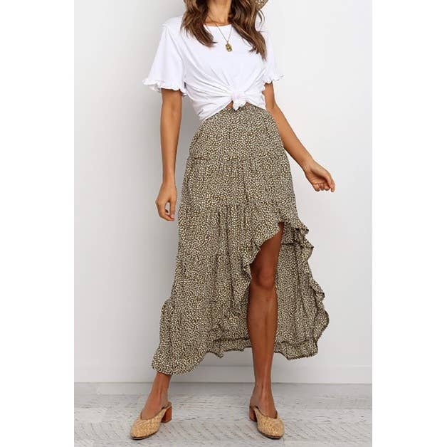 Boho Floral Print Midi Skirt Casual Side Slit Skirt - BBHGWM