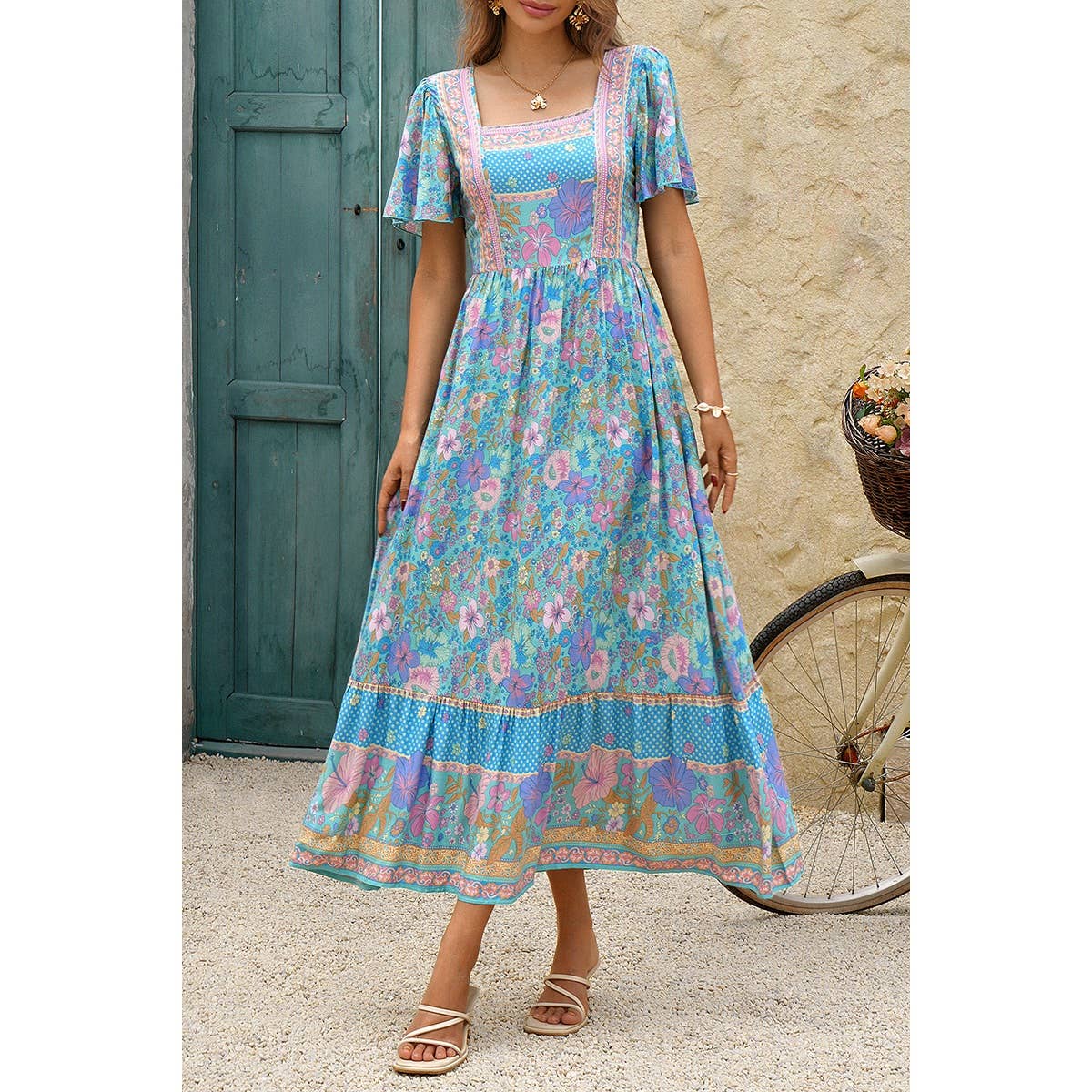 Square Neck Boho Floral A Line Fit Dress - BBHGWM