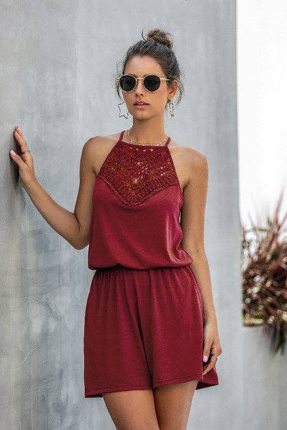 Solid Halter Lace Sleeveless Patchwork Romper - BBHGWM