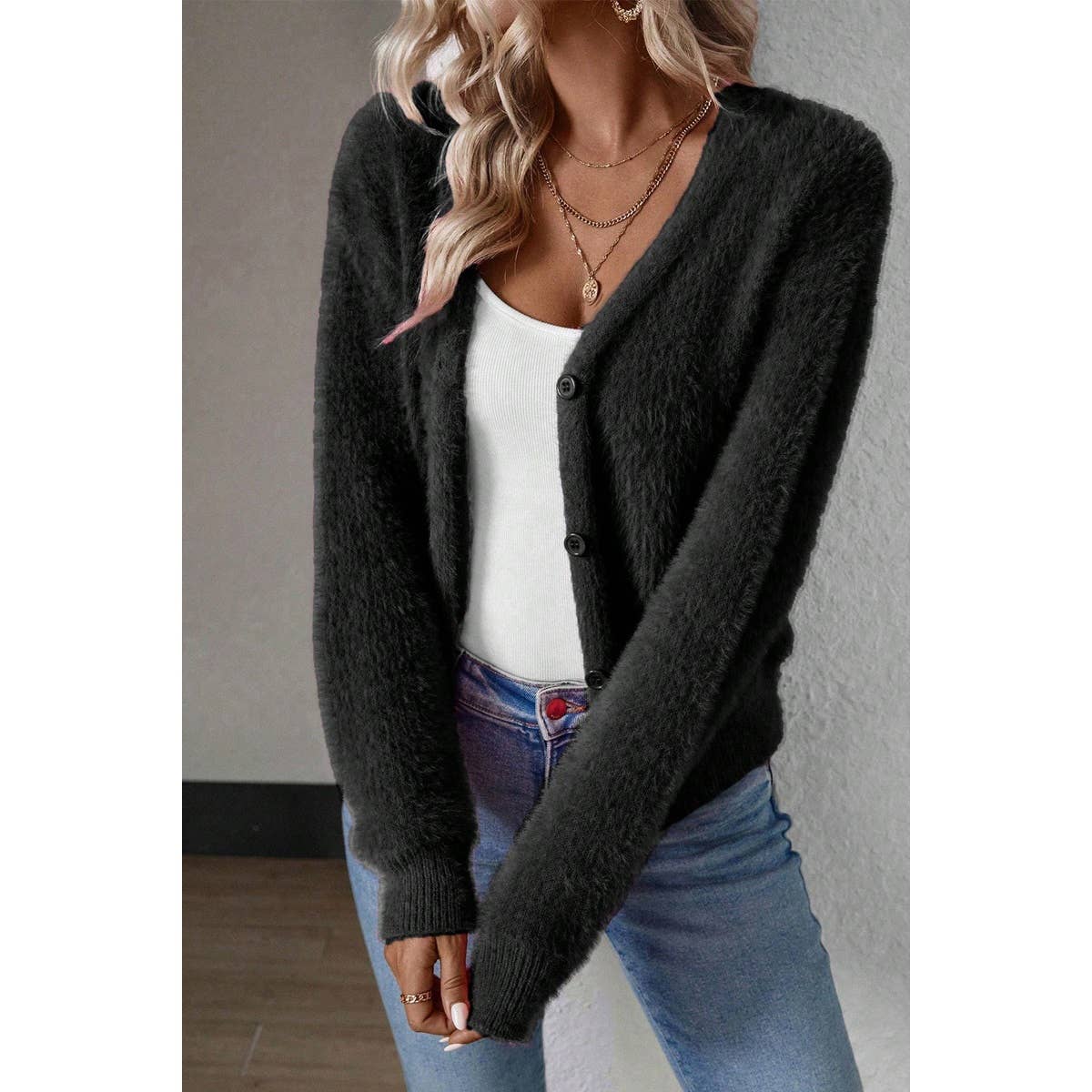 Solid Fuzzy Fleece Button V Neck Cardigan - BBHGWM