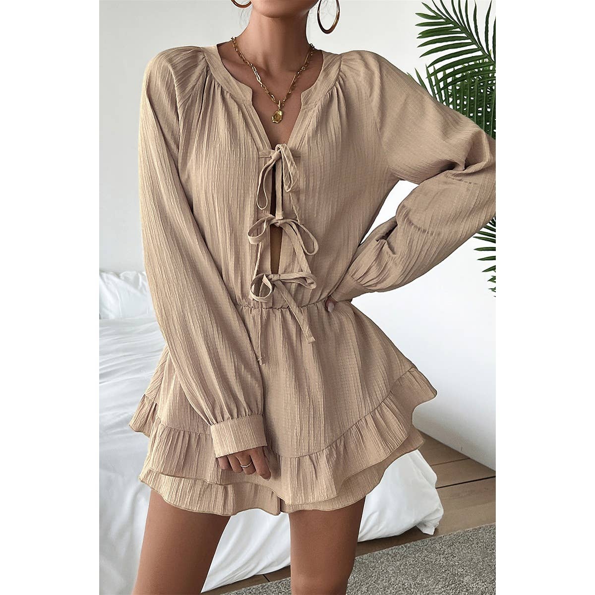 Solid Bowknot Strap Ruffled Hem Layered Dress - BBHGWM
