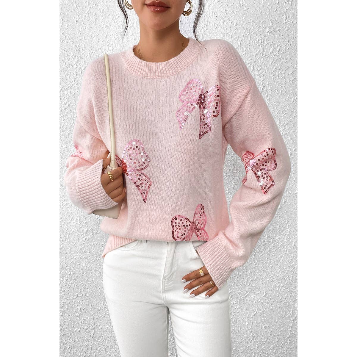 Knit Sequin Bow Round Neck Loose Fit Sweater - BBHGWM