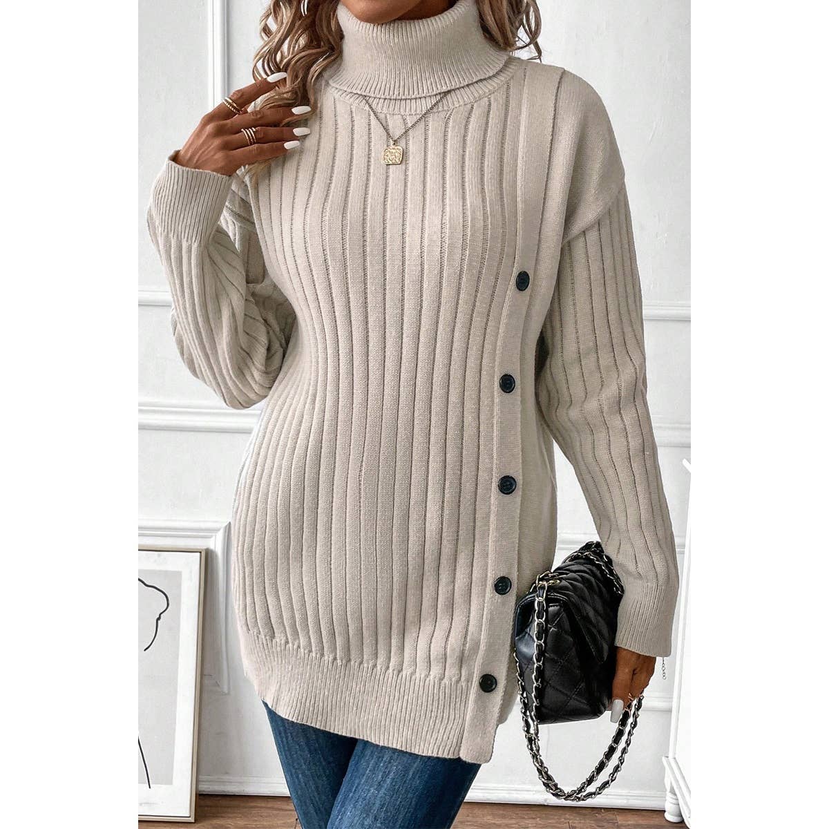 Ribbed Turtleneck Button Side Fit Sweater - BBHGWM
