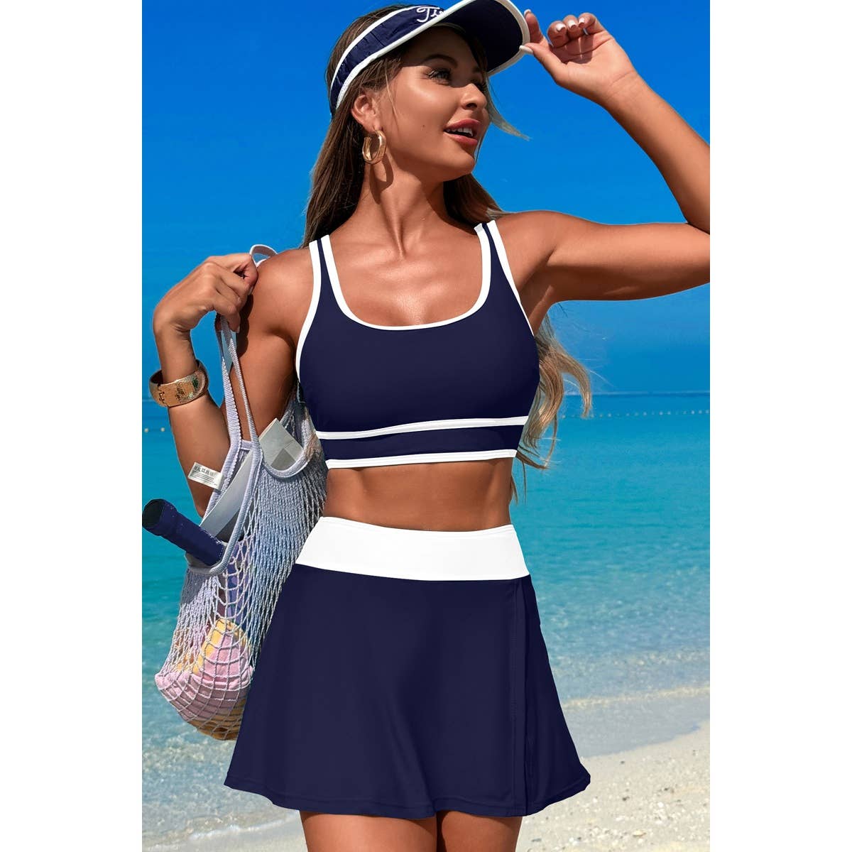 Color Block Two Pieces High Waisted Skirt Swimsuit - BBHGWM