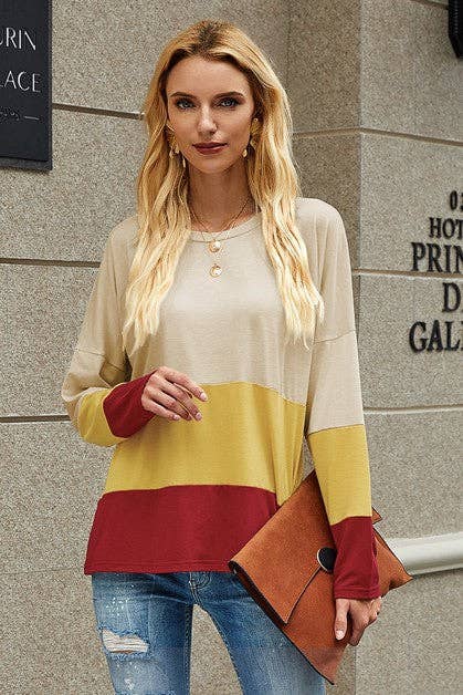 Round Neck Color Block Long Sleeve Loose Shirt - BBHGWM