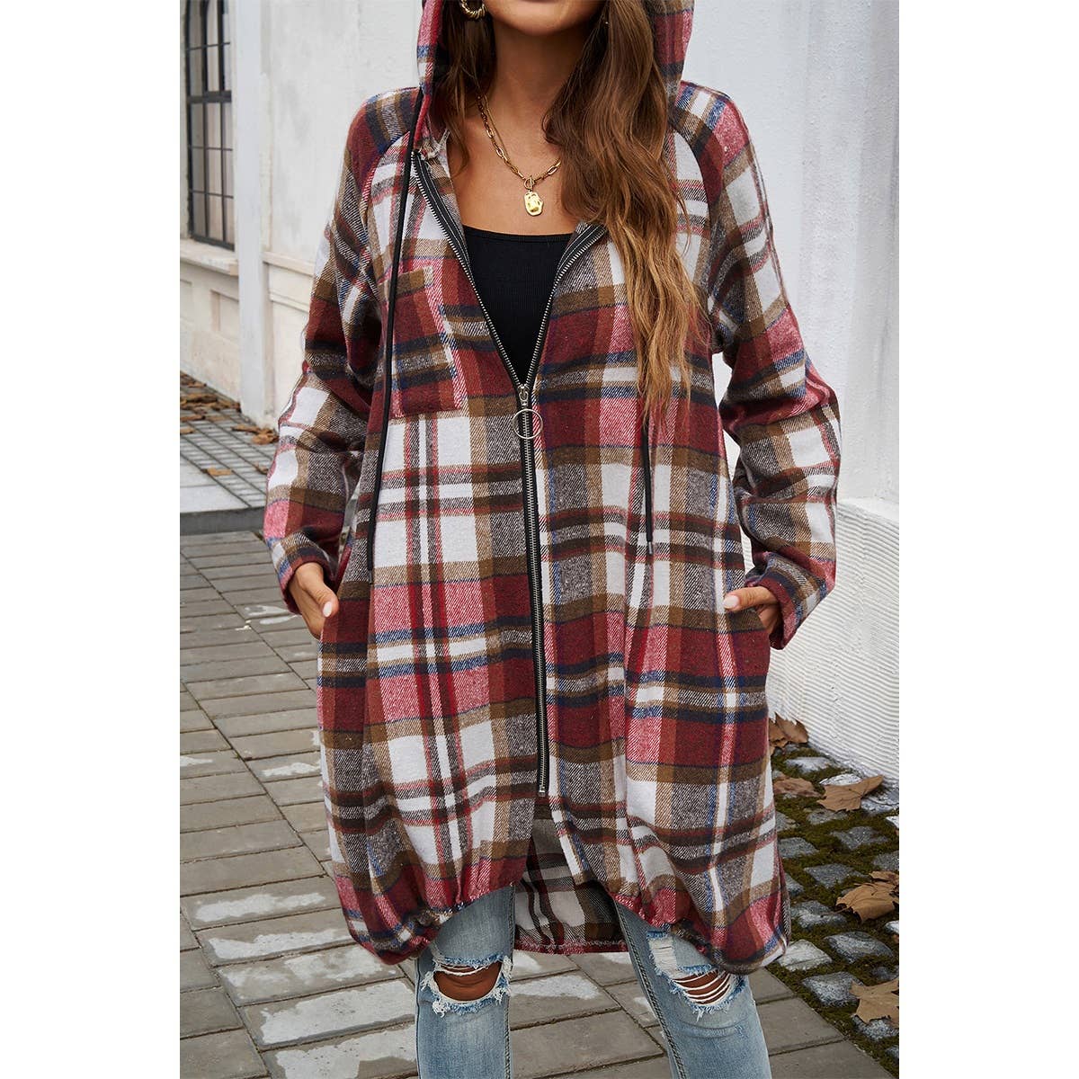 Plaid Zip Up Pockets Long Hooded Coat - BBHGWM