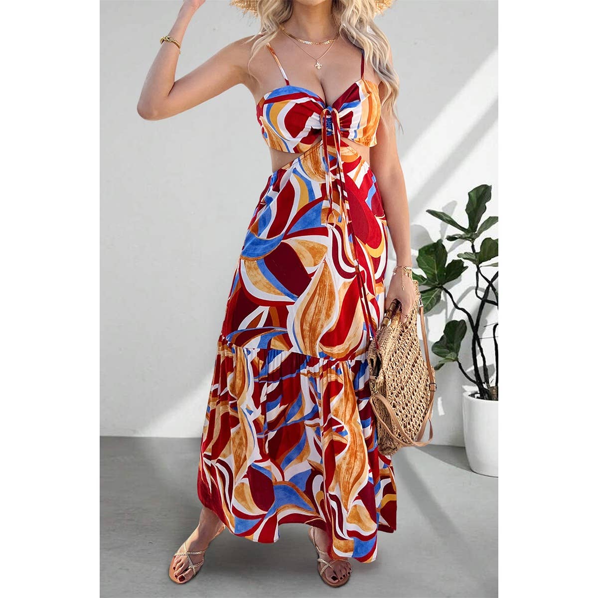 Sleeveless Front Knot Ruched Cut Out Long Dress - BBHGWM