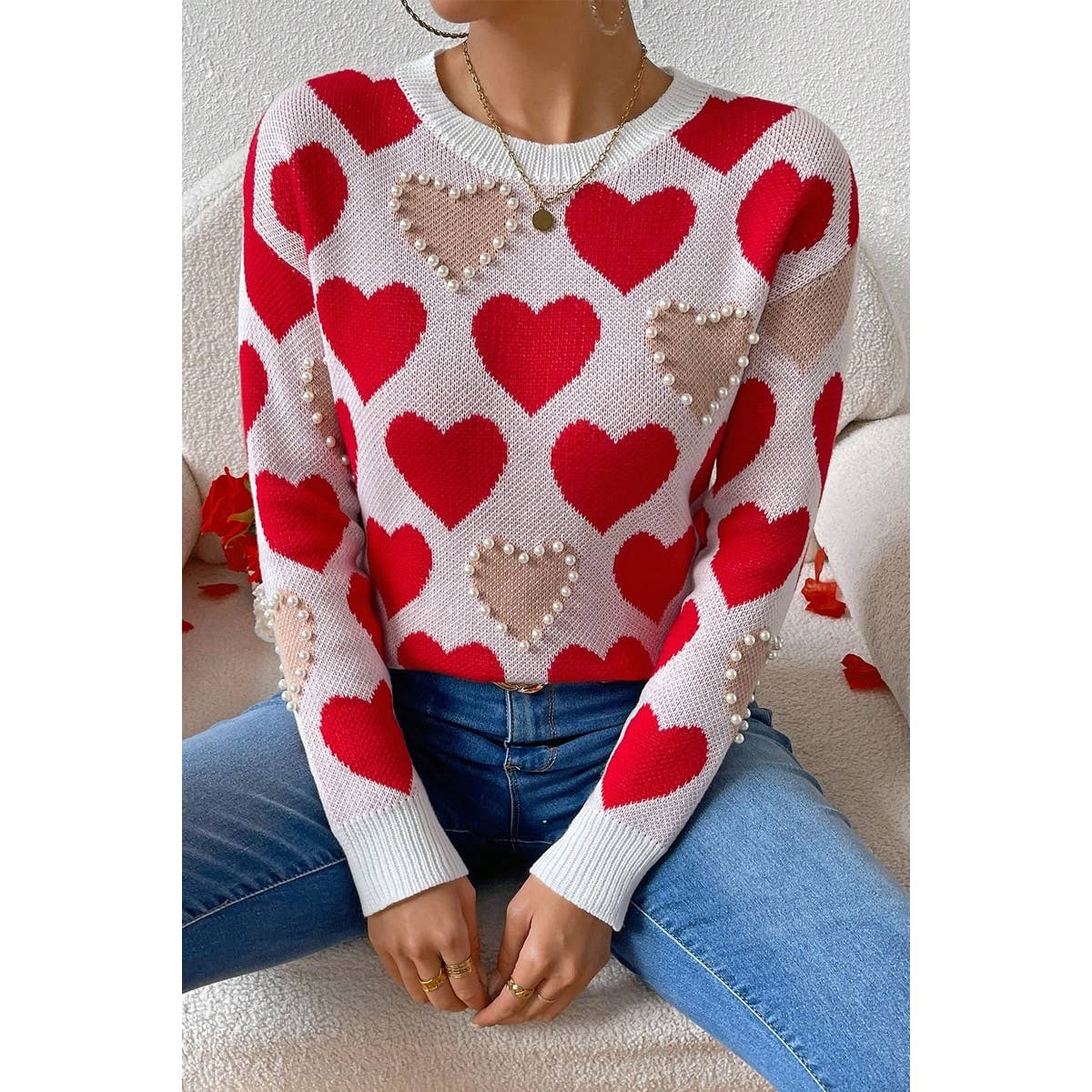 Round Neck Heart Shape Pearl Beads Knit Sweater - BBHGWM