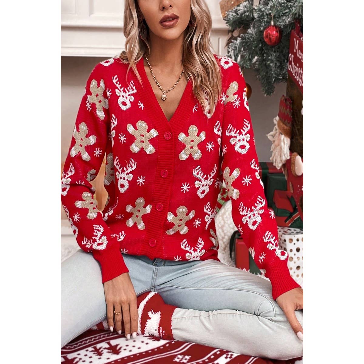 Elk Gingerbread Man Snowflake V Neck Cardigan - BBHGWM