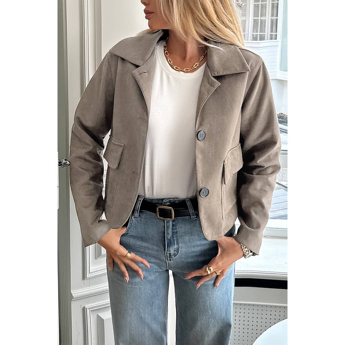 Solid Suit Lapel Faux Suede Leather Jacket - BBHGWM