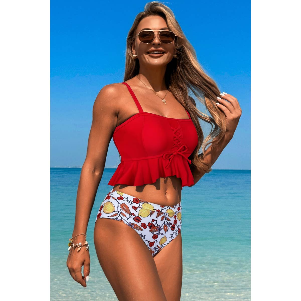 Ruffle Falbala Waist Knot Front Tankini Swimsuit - BBHGWM