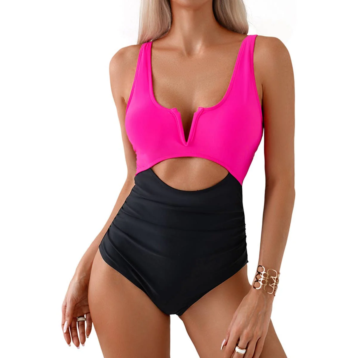 One Piece Cut Out Fit Color Block Swimsuit - BBHGWM