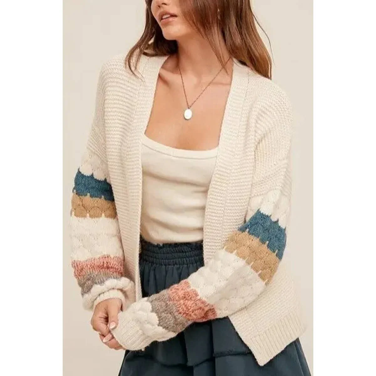 Open Front Crochet Sleeve Stripe Pattern Cardigan - BBHGWM