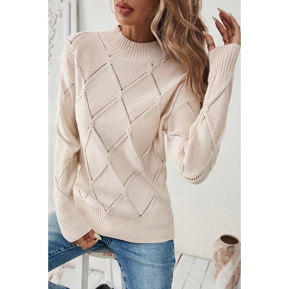 Stand Collar Long Sleeve Knit Slim Fit Sweater - BBHGWM