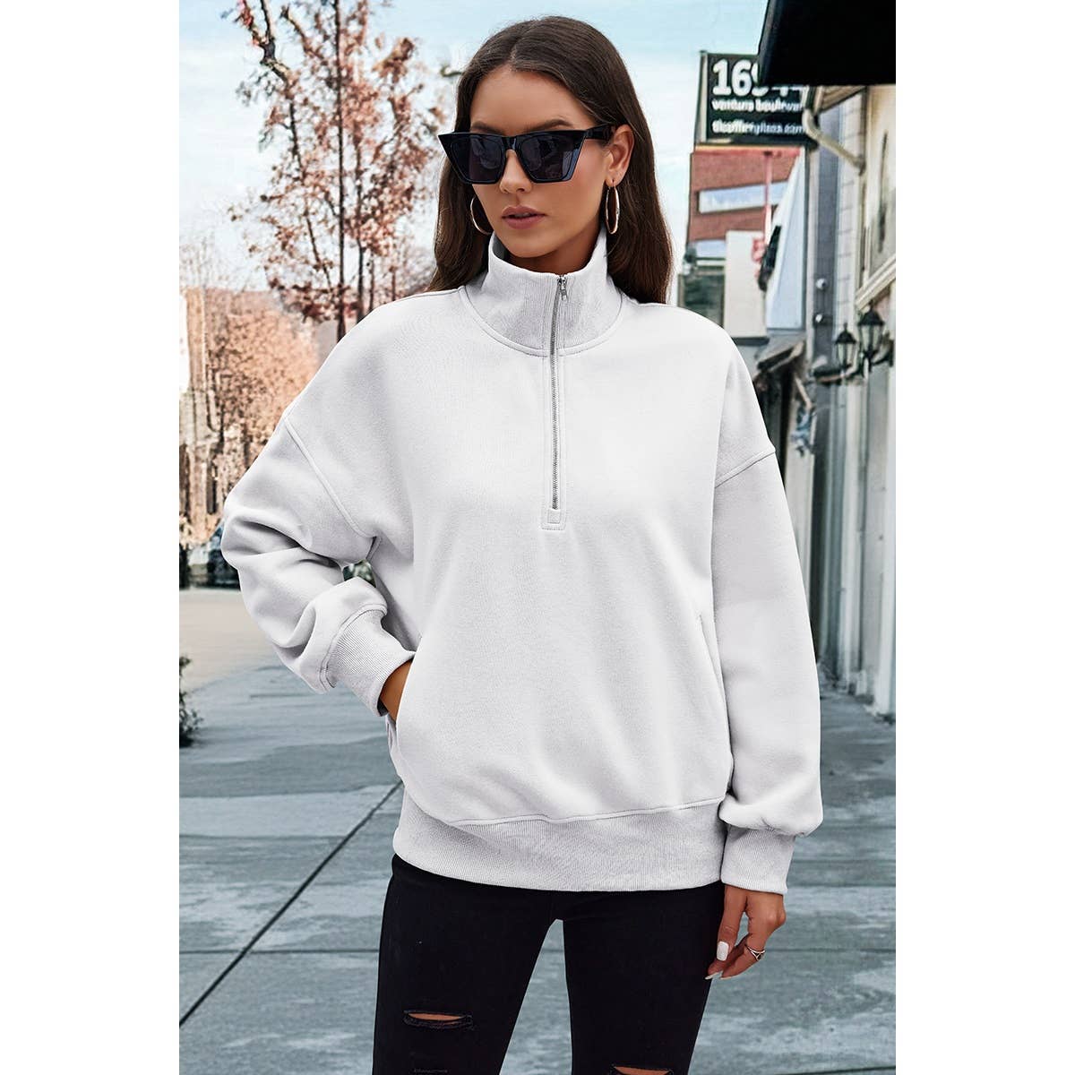 Drop Shoulder Zipper Loose Fit Pockets Hoodie - BBHGWM