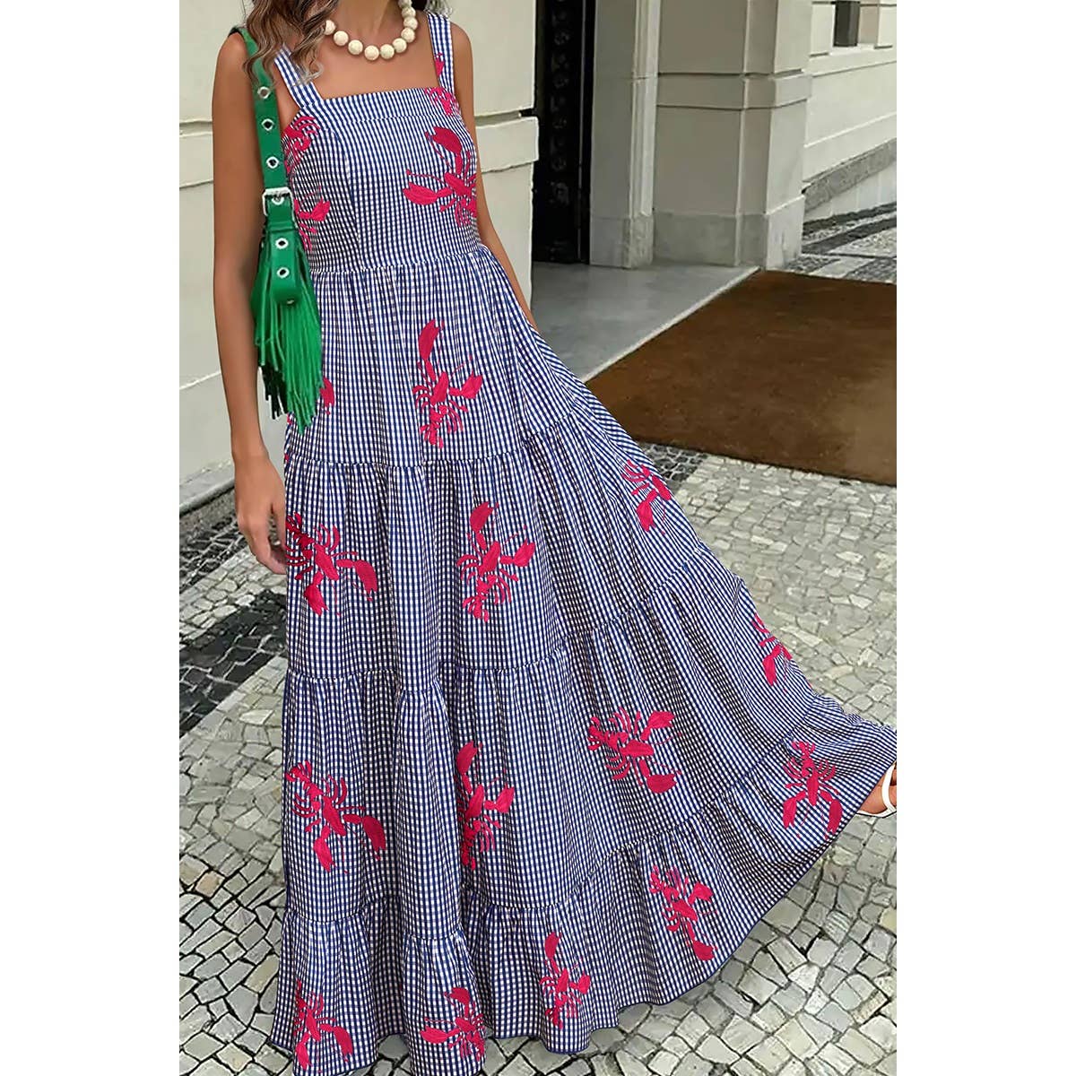 Plaid Lobster Print A Line Ruched Dress - BBHGWM