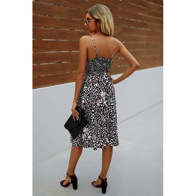 V Neck Spaghetti Strap Leopard Cut Out Midi Dress - BBHGWM