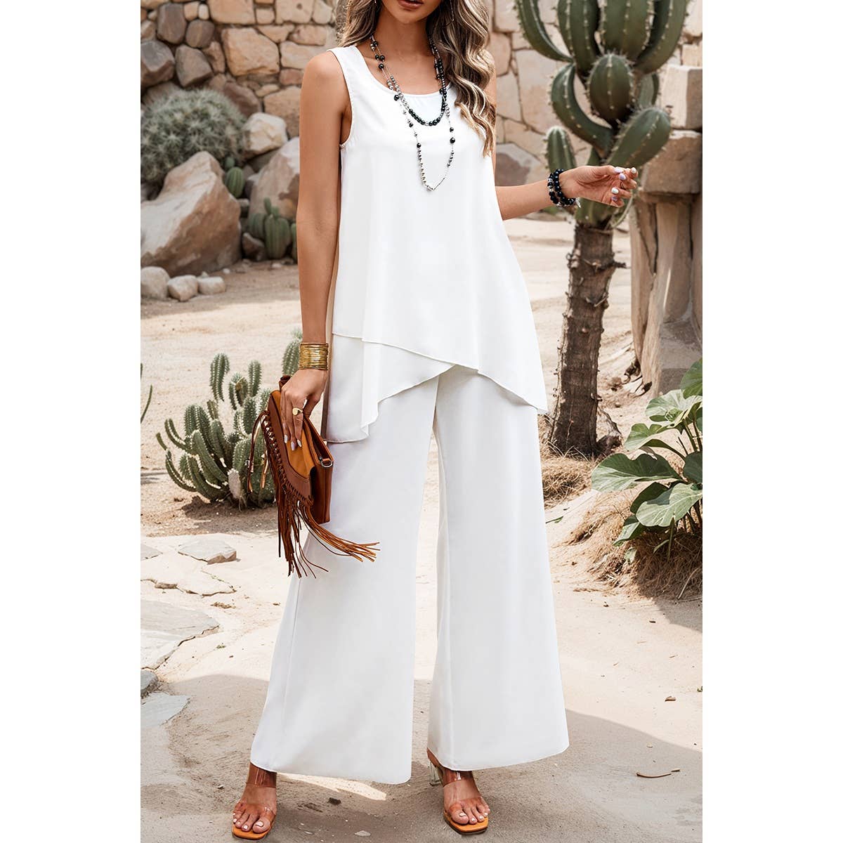 Two Pieces Round Neck Asymmetric Hem Wide Leg Sets - BBHGWM