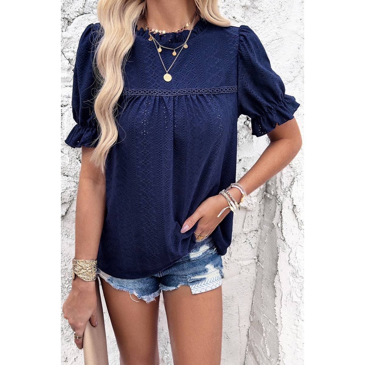 Round Neck Embroidery Ruffle Sleeve Loose Fit Shirts - BBHGWM