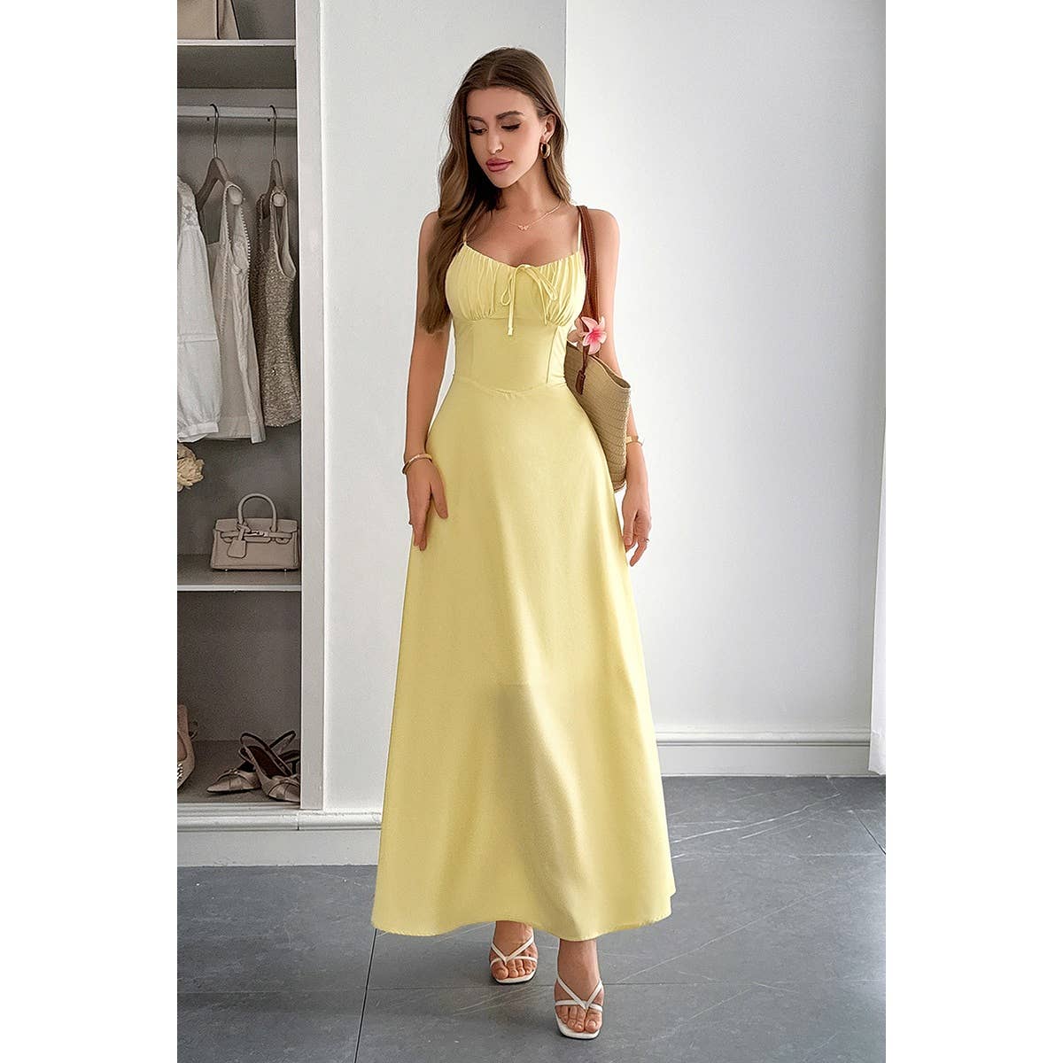 Square Neck Sleeveless Ruched Tie A Line Dress - BBHGWM