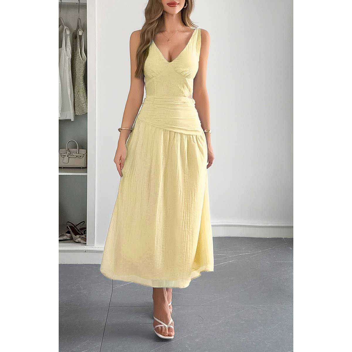 Solid V Neck Cutout Sleeveless Midi Fit Dress - BBHGWM