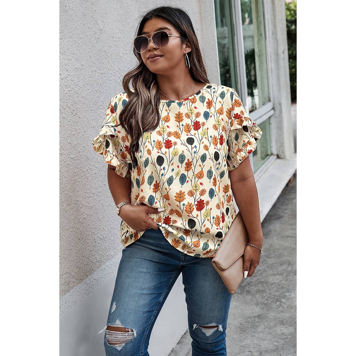 Plus Round Neck Floral Flounce Sleeve Loose Shirt - BBHGWM