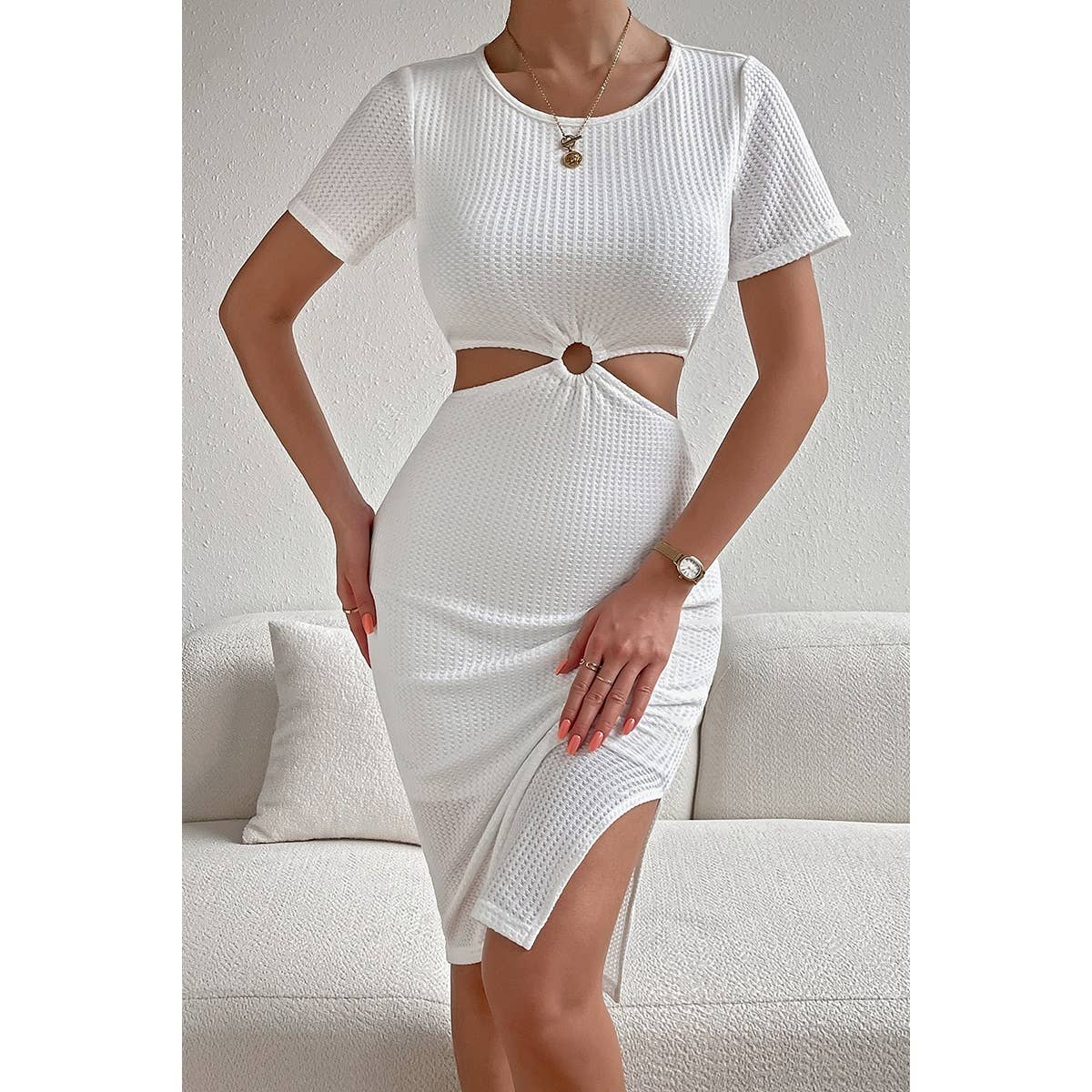 Ring Linked Cut Out Waist Ribbed Knit Dress - BBHGWM