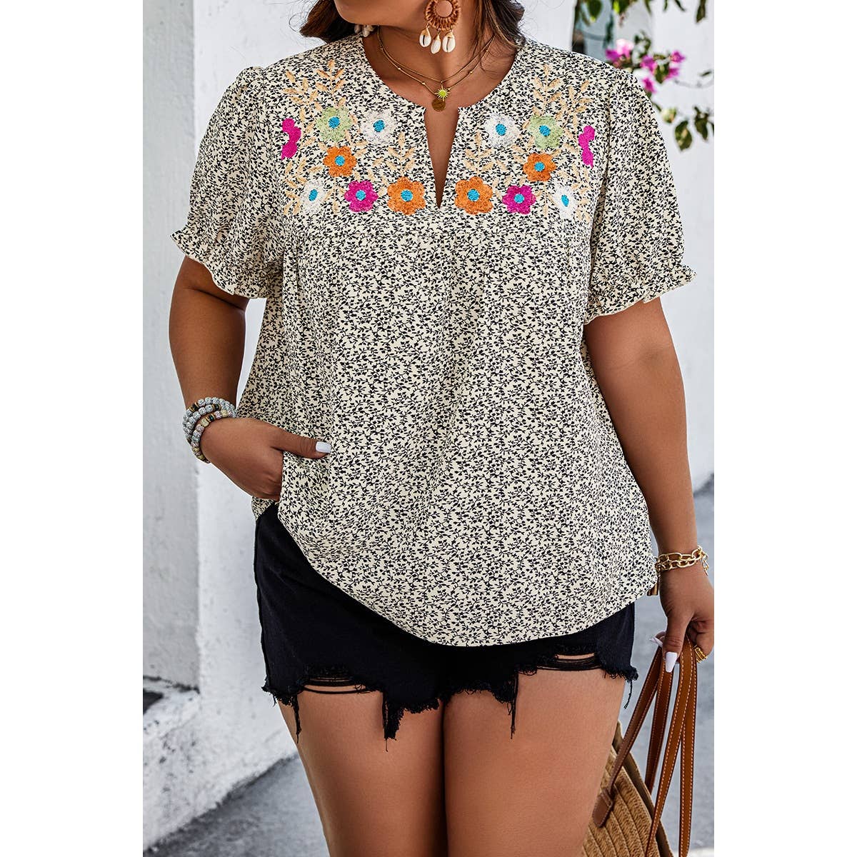 Plus Boho Flower Decoration Loose V Neck Shirt - BBHGWM