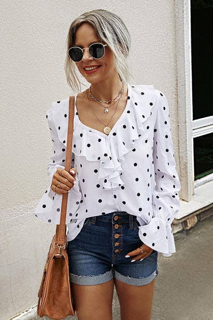 Ruffle V Neck Long Sleeves Dot Top - BBHGWM