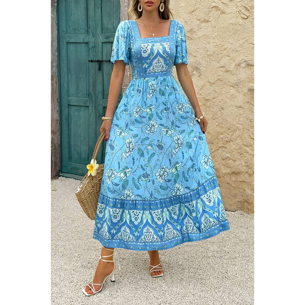 Square Neck Floral A Line Fit Full Dress - BBHGWM