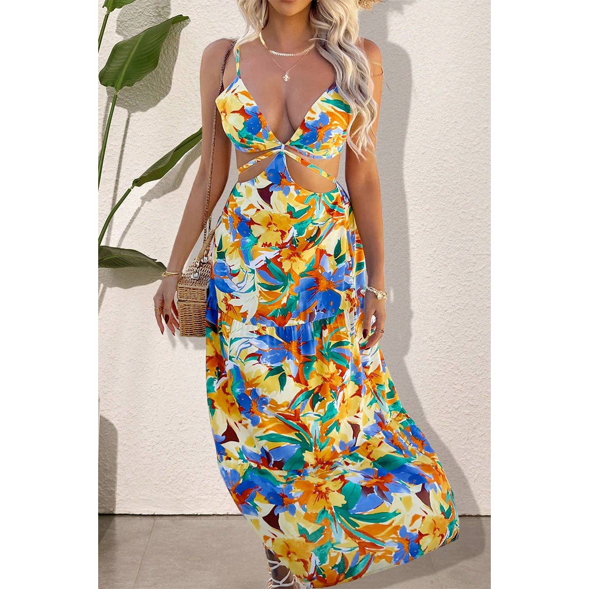 Floral Print Cut Out Color Block Full Dress - BBHGWM