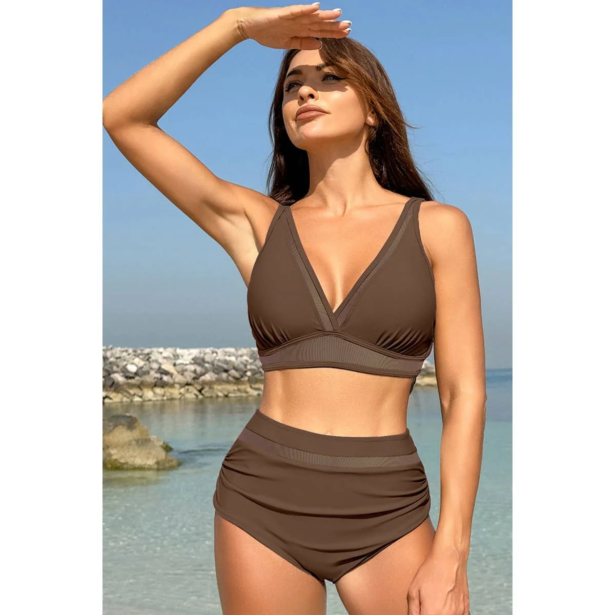 Deep V Lace Trim Two Pieces Sleeveless Swimsuit - BBHGWM