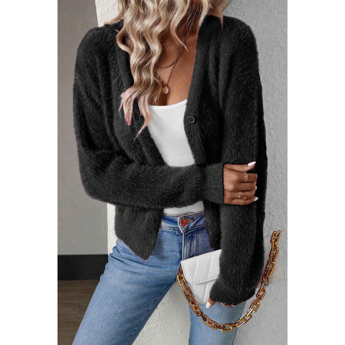 Solid Fuzzy Fleece Button V Neck Cardigan - BBHGWM