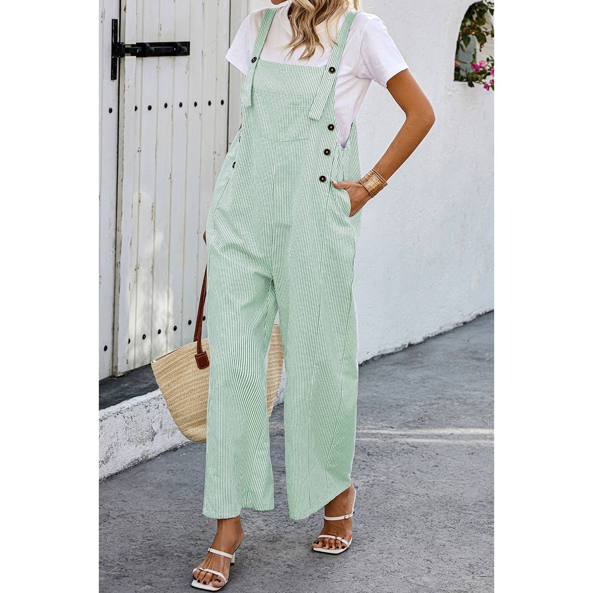 Solid Square Neck Button Trim Pockets Jumpsuit - BBHGWM