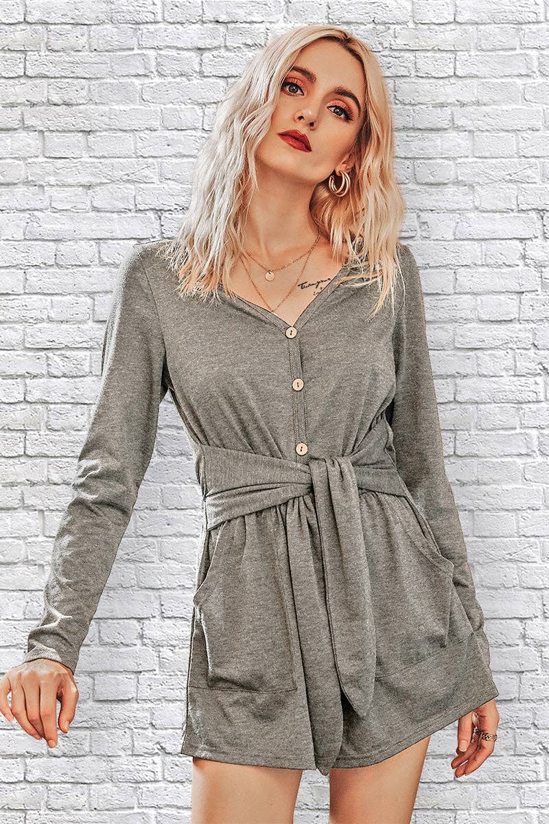 Pocket Tie-Waist Button-Front V-Neck Romper - Clearance - BBHGWM