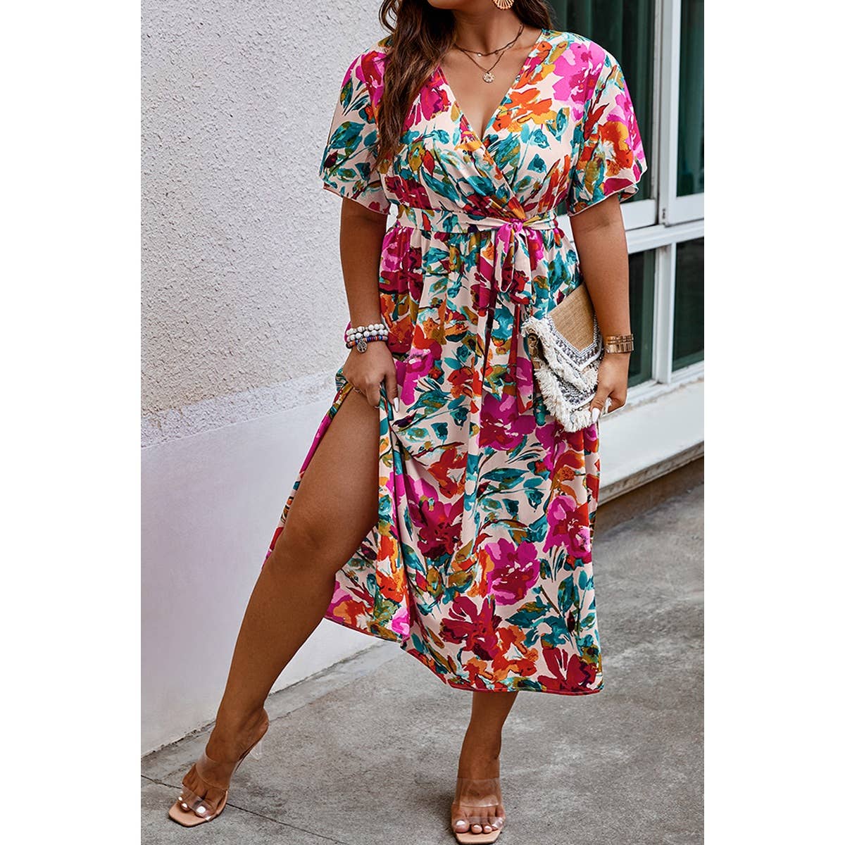 Plus Size Floral Butterfly Sleeve Belted Dress - BBHGWM