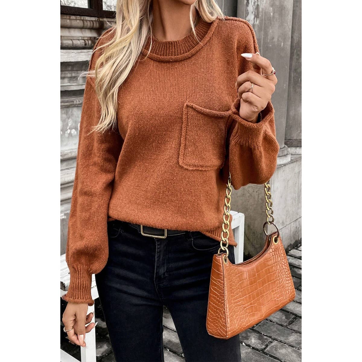 Crew Neck Drop Shoulder Long Sleeve Pocket Sweater - BBHGWM