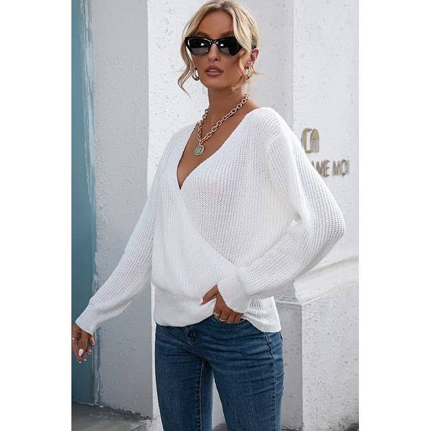 V Neck Long Sleeve Cross Sweater - BBHGWM