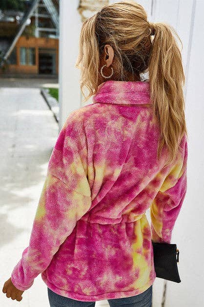 Fuzzy Tie Dye Long Sleeve Contrast Loose Hoodie - BBHGWM