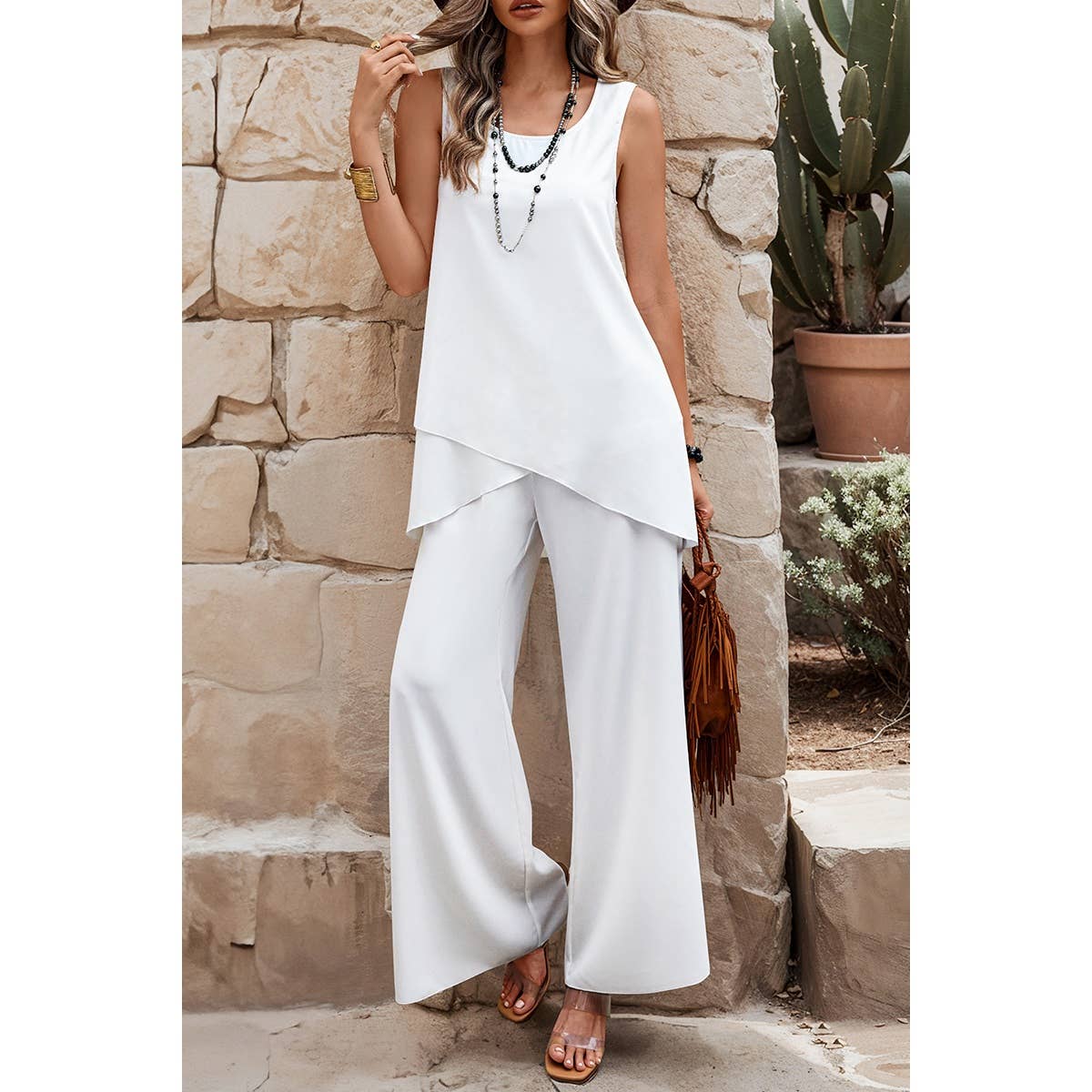 Two Pieces Round Neck Asymmetric Hem Wide Leg Sets - BBHGWM