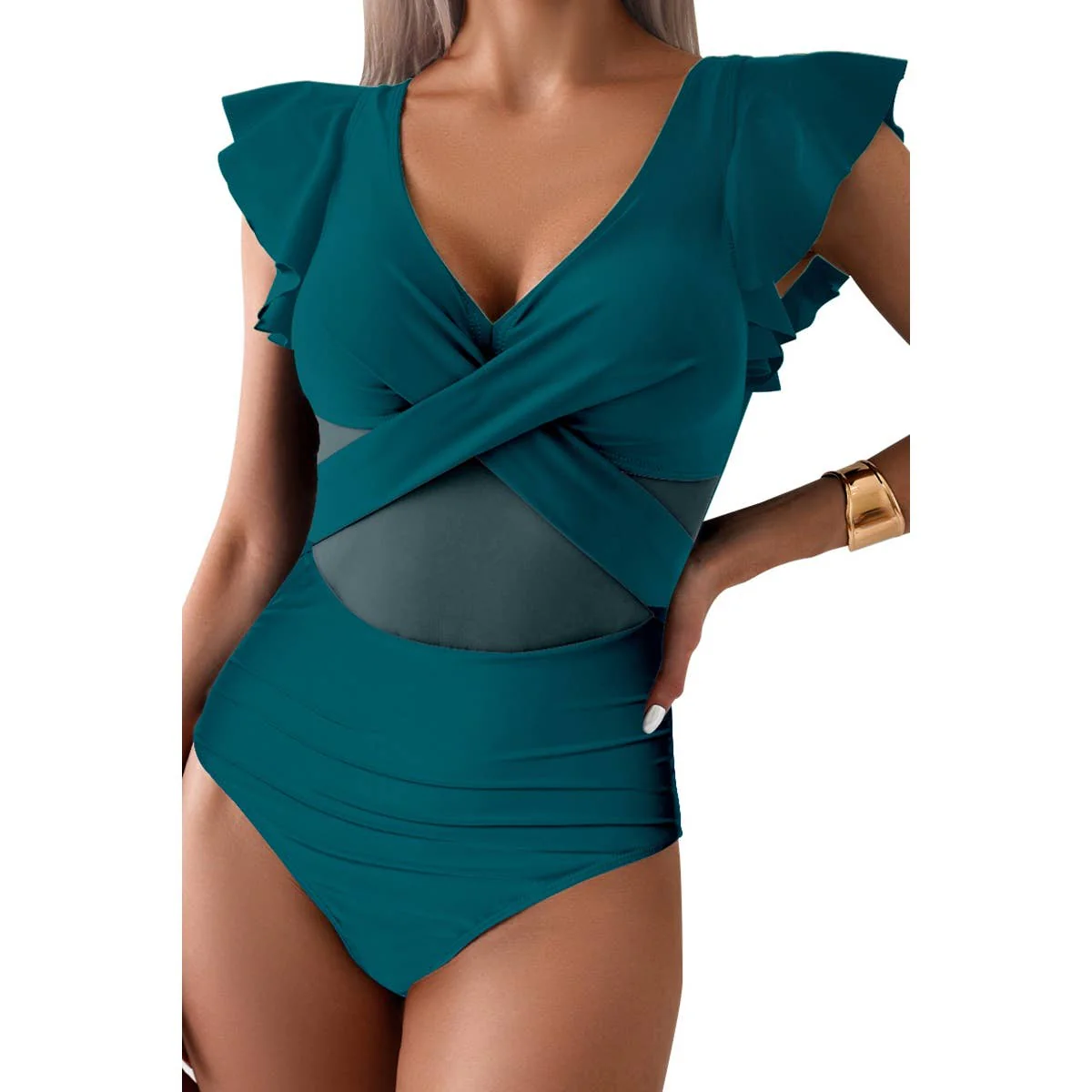 Ruffle Sleeves Deep V Neck Cross Lace Swimsuit - BBHGWM