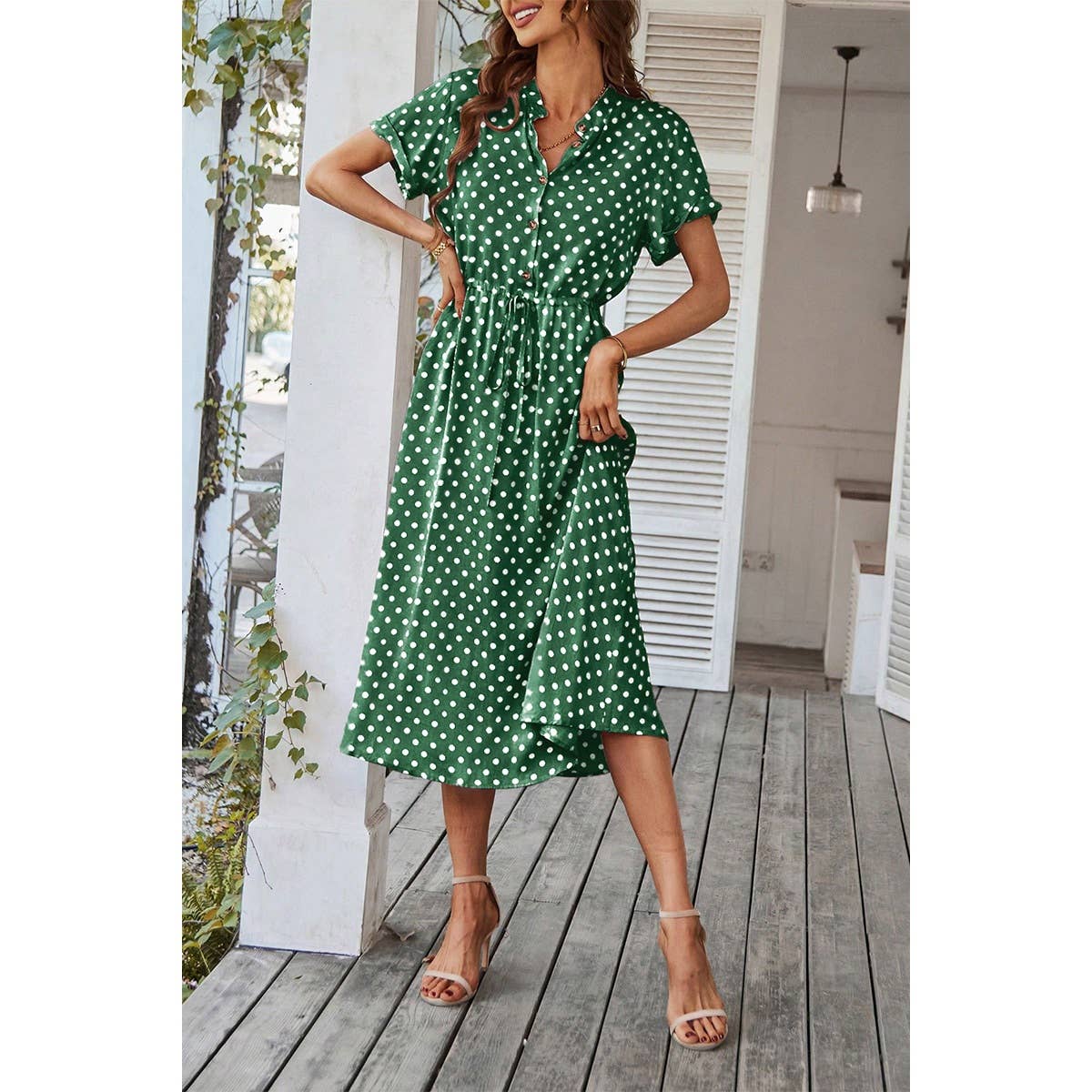 Polka Dot V Neck Button Belt Long Dress - BBHGWM