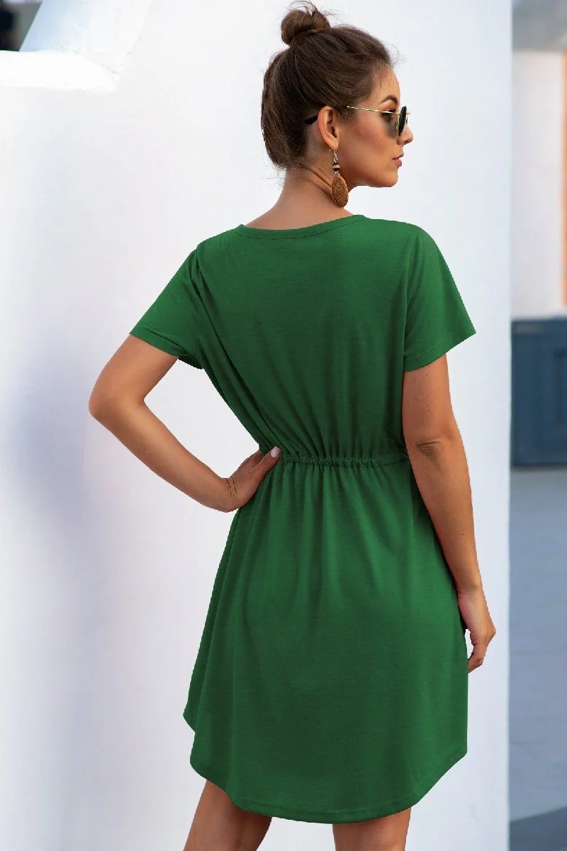 Solid V Neck Button Down Tie Waist Jersey Dress - BBHGWM