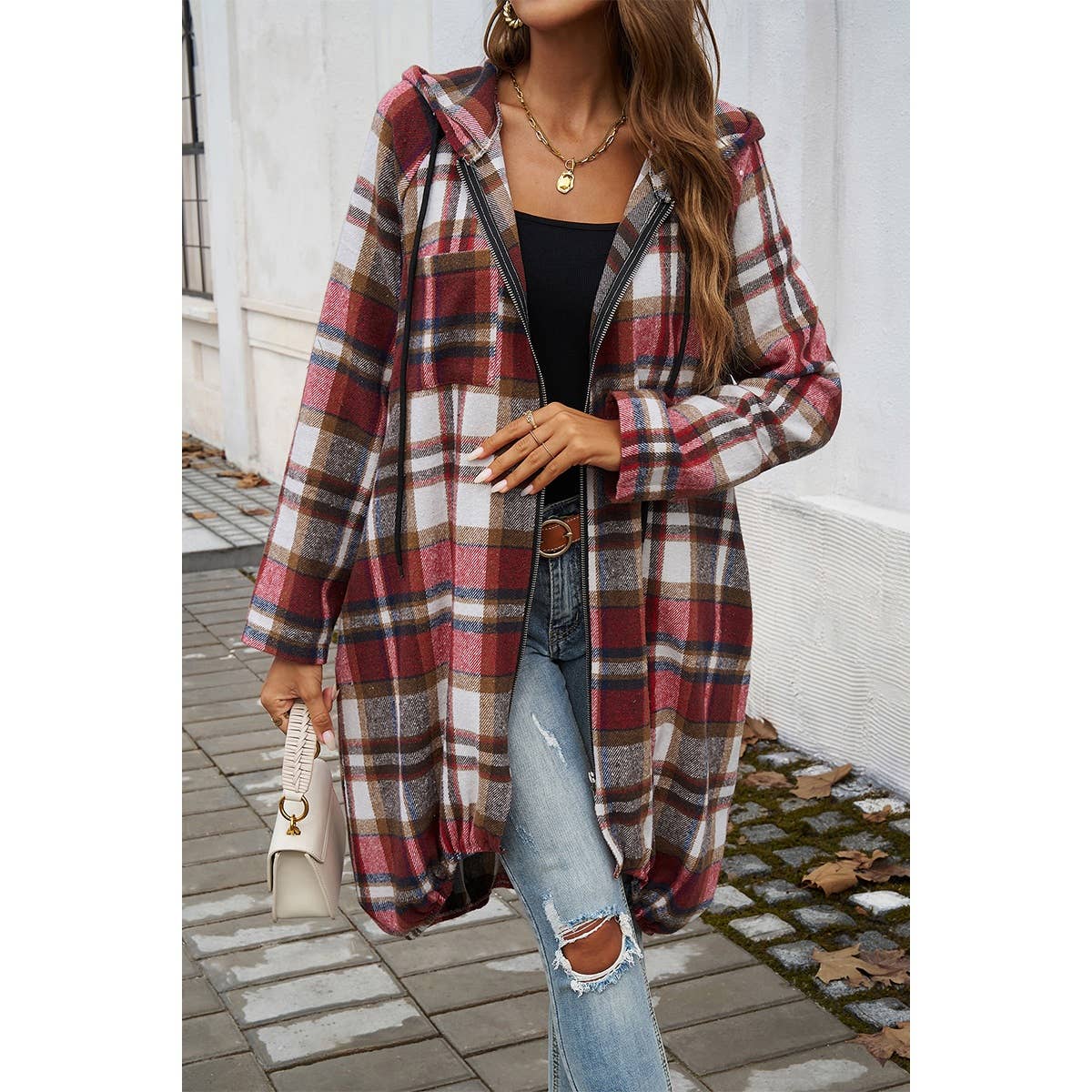 Plaid Zip Up Pockets Long Hooded Coat - BBHGWM
