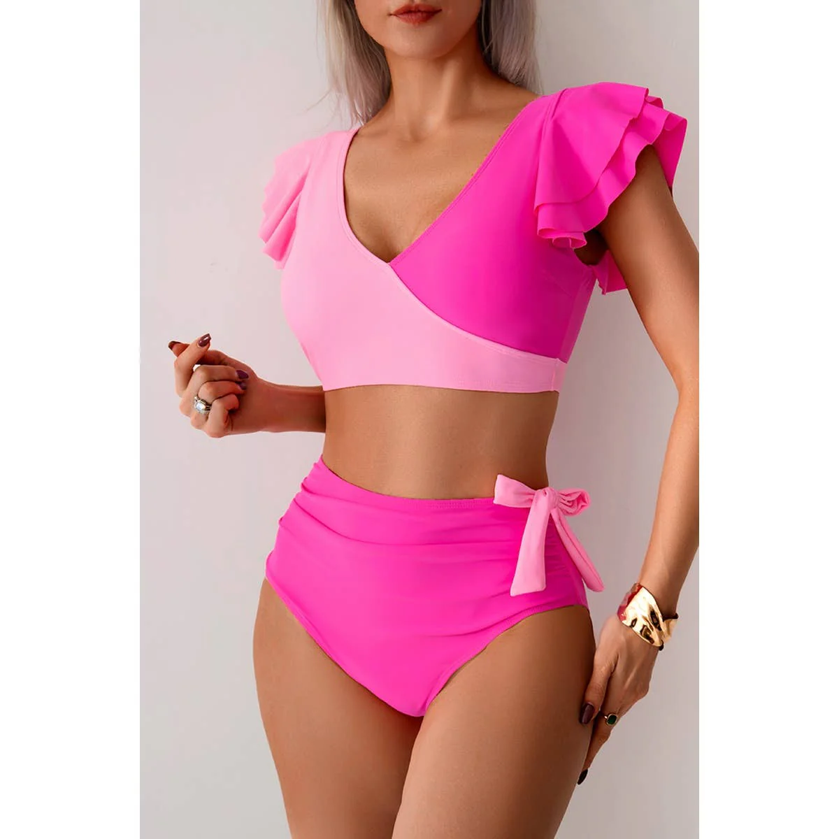 V Neck Two Piece Ruffled High Waisted Swimsuit - BBHGWM